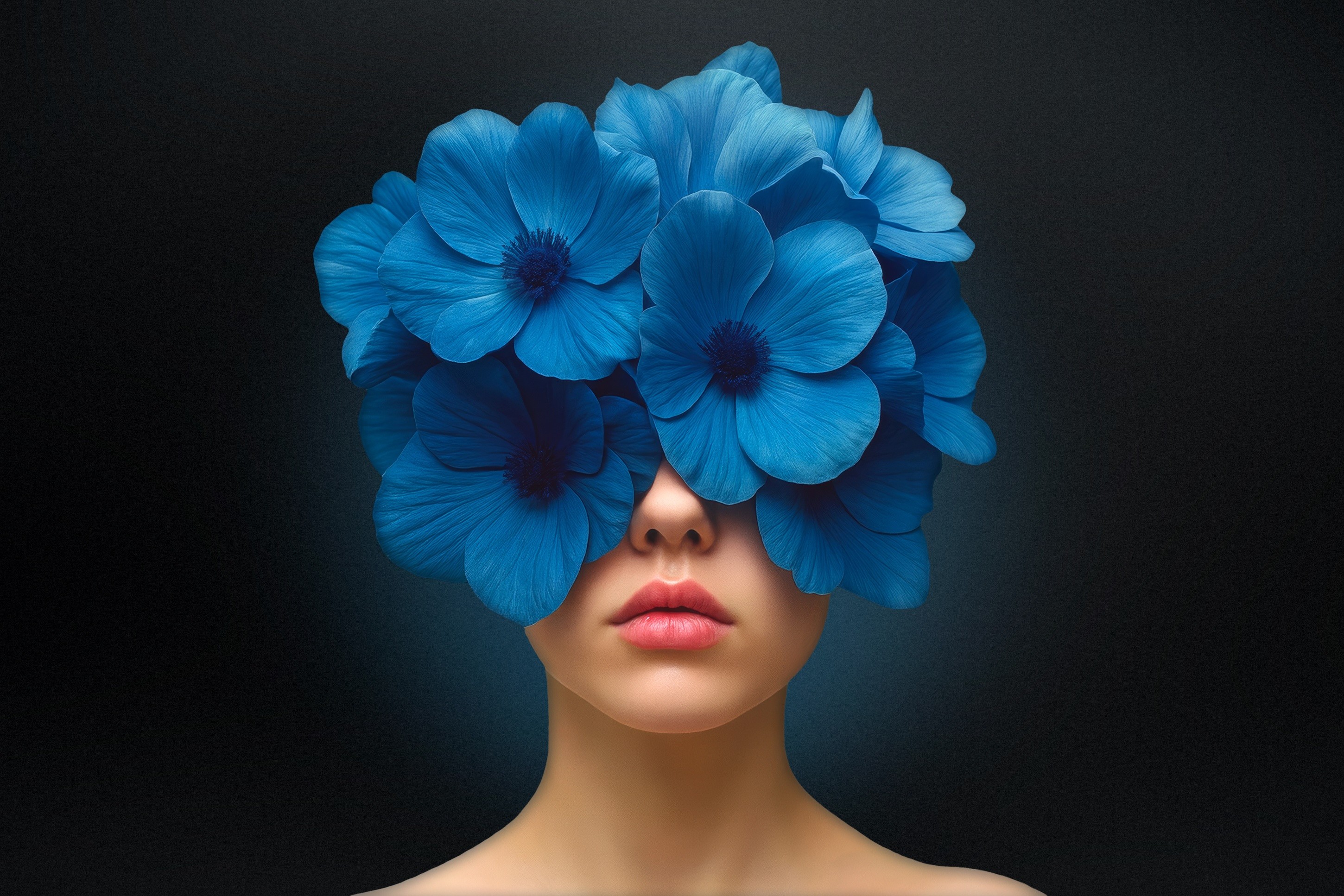 Retrato com flores azuis